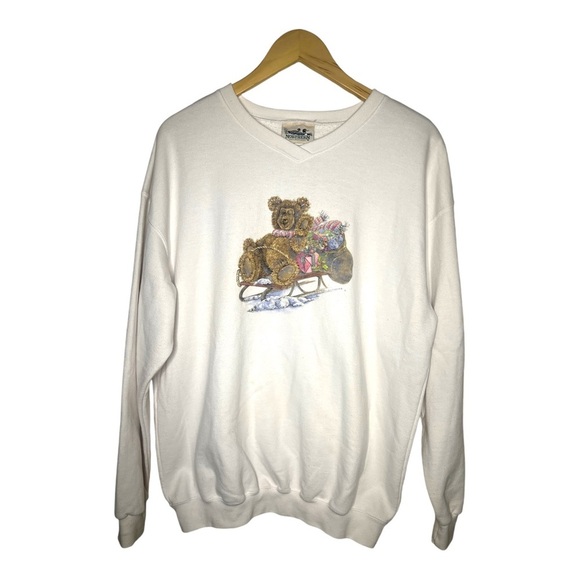 Vintage Teddy Bear Winter Sled Toboggan Holiday Presents 90’s Sweatshirt L - Picture 1 of 3